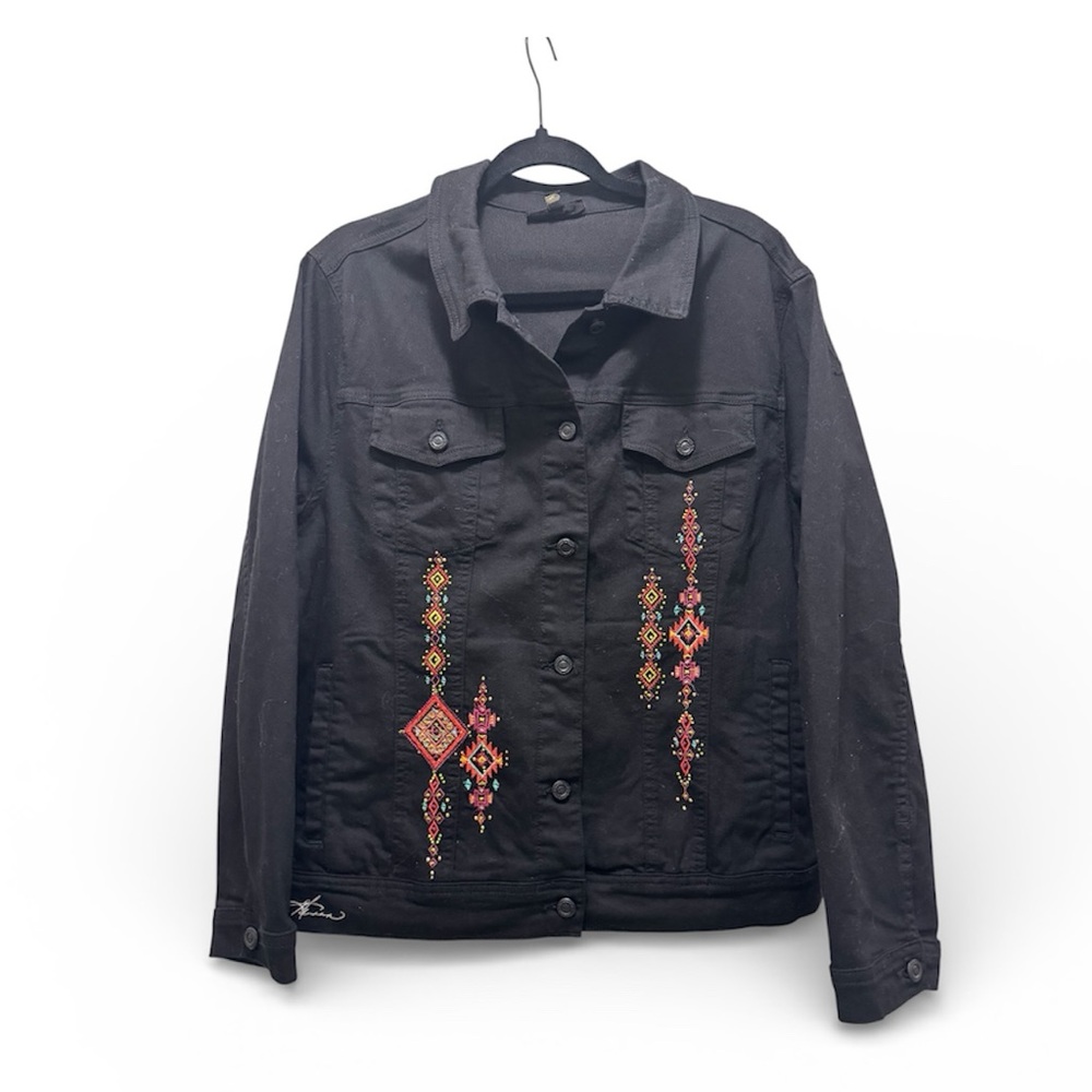 Embroidered Aztecan Design on Black Denim Jacket